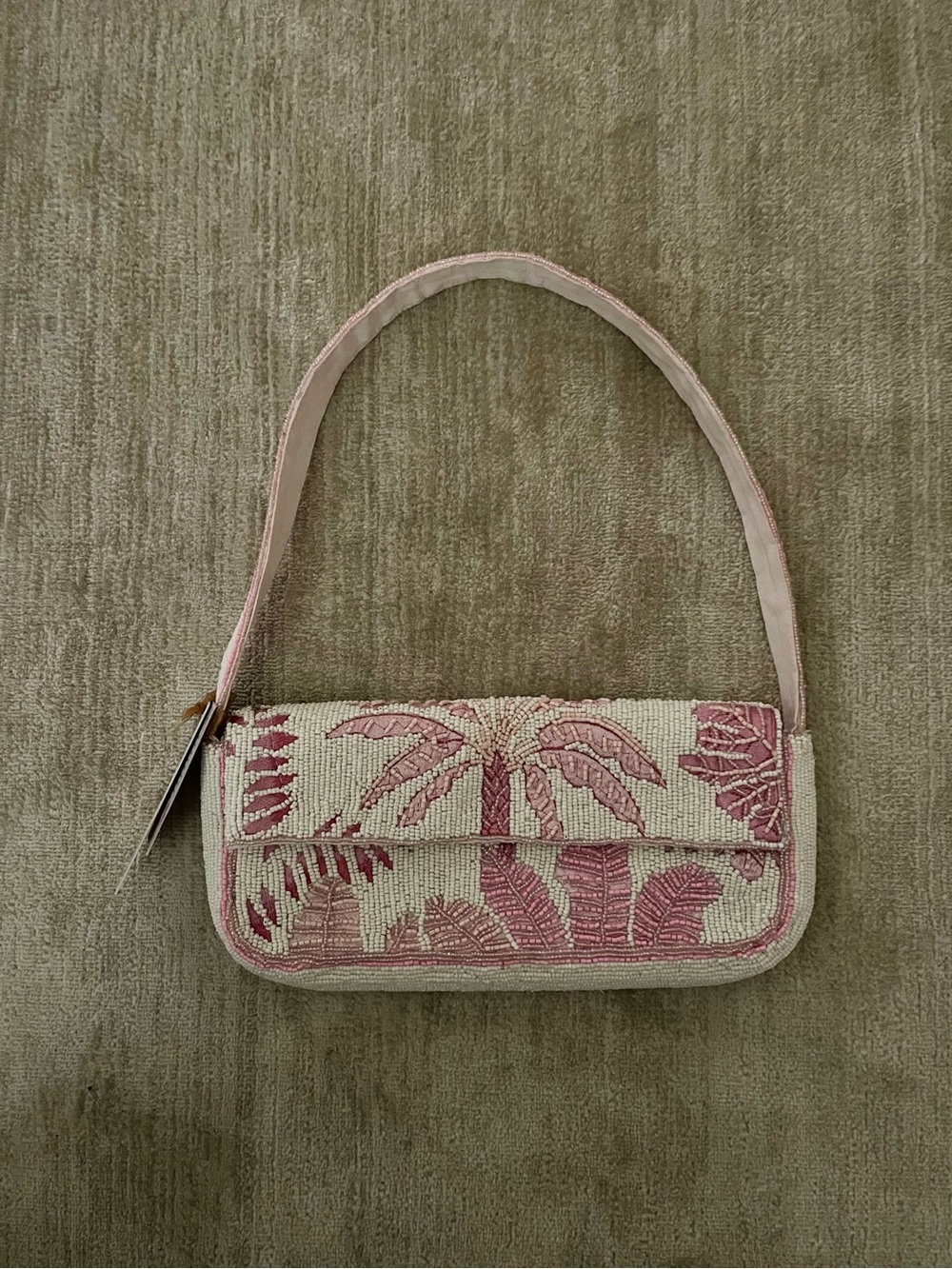 Pink Beaded Palm-Pattern Shoulder Bag